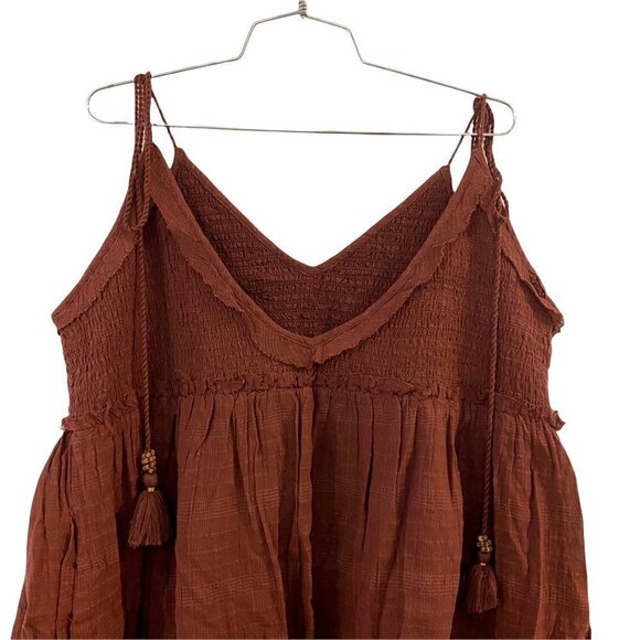 Free People Womens Sundress Brown Short Smocked V Neck Tassels Cotton Large - Picture 6 of 8
